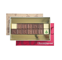 Chocolade Telegram Fijne Kerst van Belgische chocolade met kerstboomdecoratie in luxe verpakking.