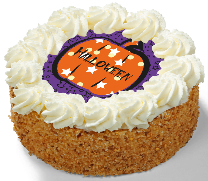 Halloween slagroomtaart rond met roomtoefjes, krokante nootrand en vrolijke pompoenprint